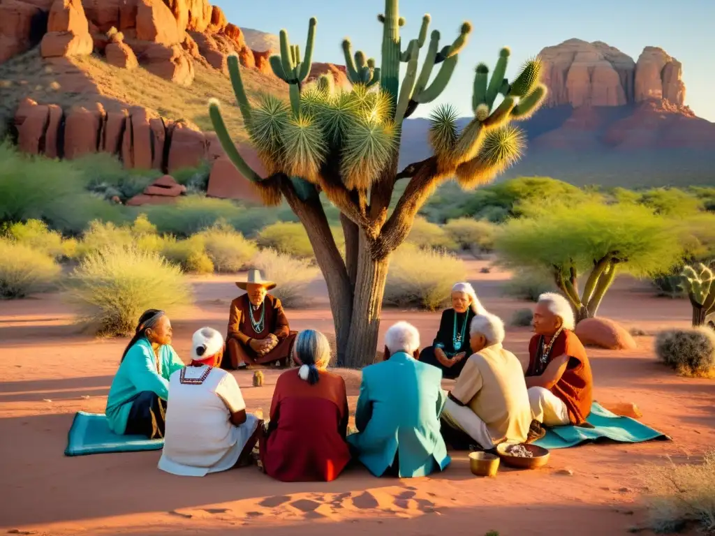 Un grupo de ancianos nativos en un círculo bajo un árbol en el desierto de Arizona, inmersos en una discusión espiritual