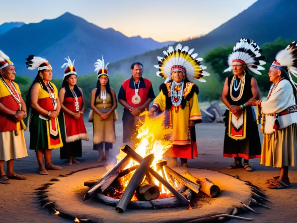 Grupo de ancianos y niños indígenas danzando alrededor del fuego en ritual sagrado, preservación de rituales ancestrales