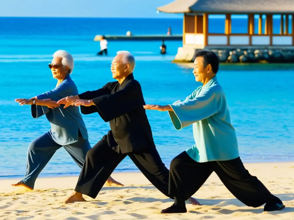 Grupo de ancianos practicando Tai Chi en Okinawa, reflejando sabiduría y vitalidad