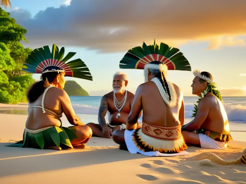 Un grupo de ancianos polinesios realiza un ritual sagrado en una playa al atardecer, rodeados de naturaleza exuberante