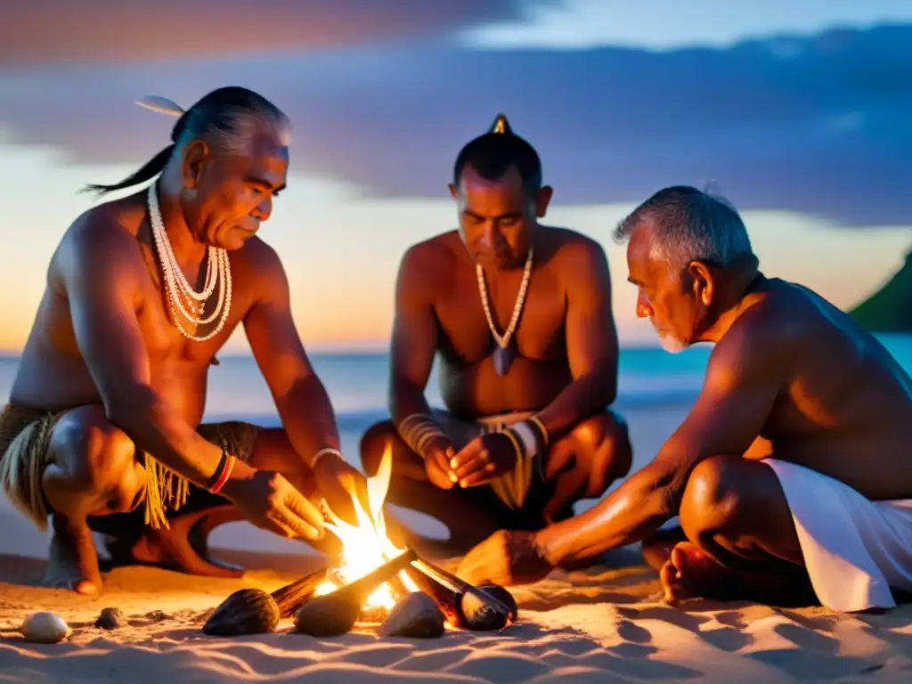 Un grupo de ancianos polinesios realiza el Ritual del Po en la playa al atardecer, rodeados de antorchas