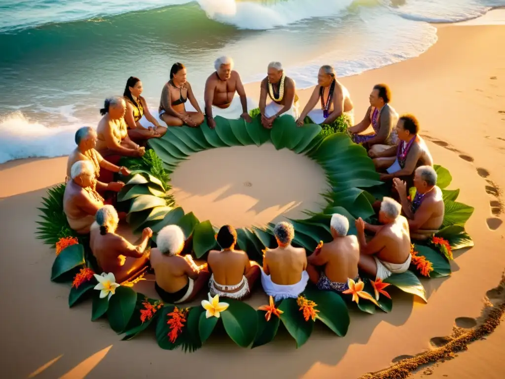 Un grupo de ancianos polinesios realizando un ritual sagrado en una playa tropical al atardecer