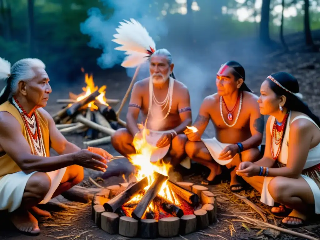 Un grupo de ancianos Cherokee realiza un ritual sagrado alrededor de una fogata en el bosque