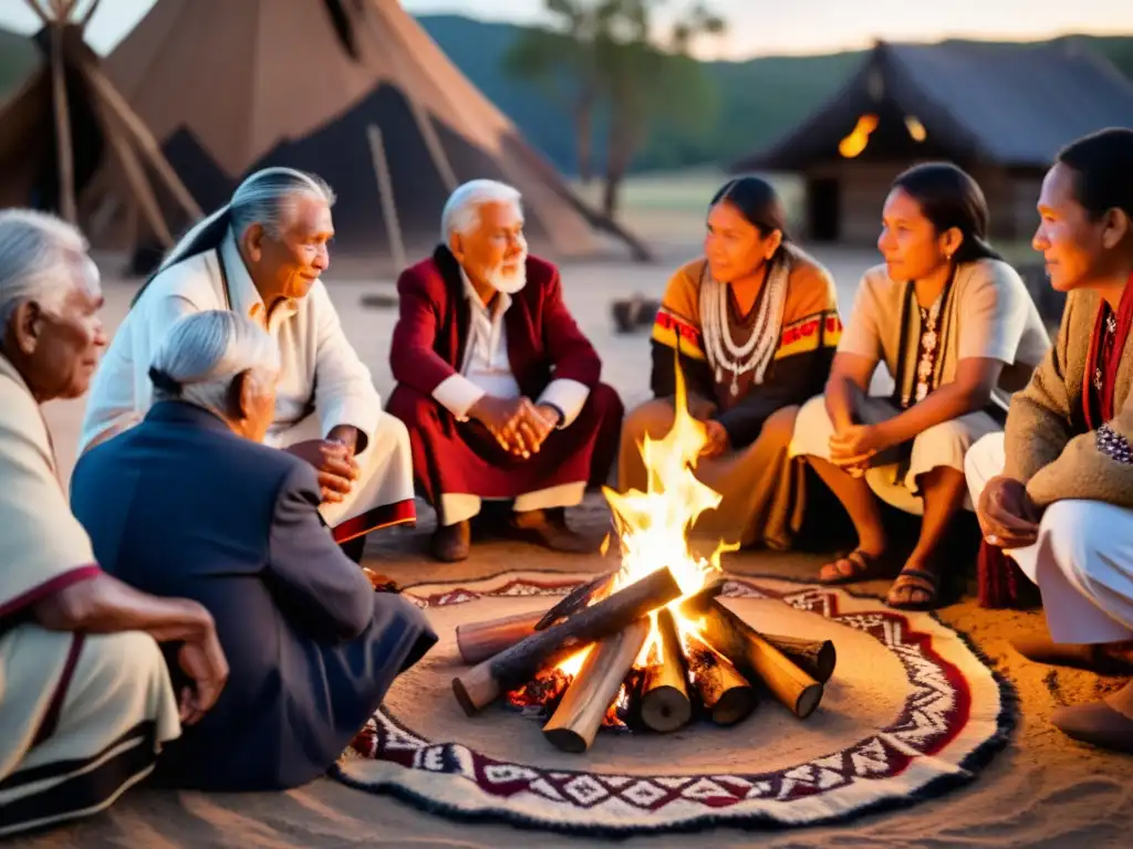 Un grupo de ancianos indígenas comparte rituales alrededor del fuego, transmitiendo sabiduría ancestral a la comunidad