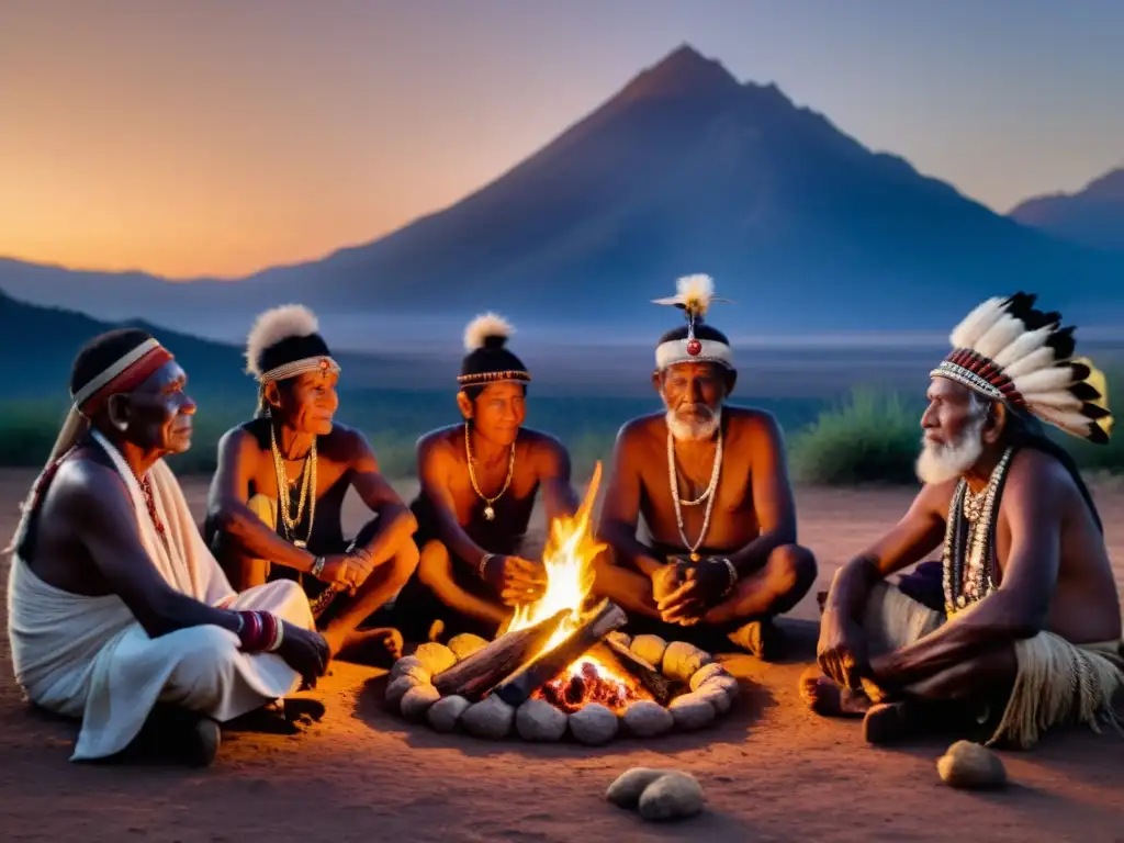 Grupo de ancianos tribales celebrando rituales de guerra y paz ancestrales alrededor de la fogata, bajo el cielo crepuscular y las montañas antiguas