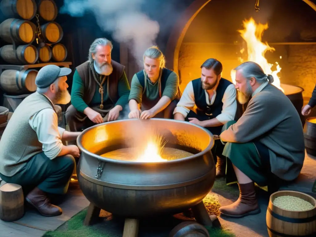 Grupo de antiguos cerveceros celtas elaborando cerveza de cebada en un ambiente místico de rituales celtas