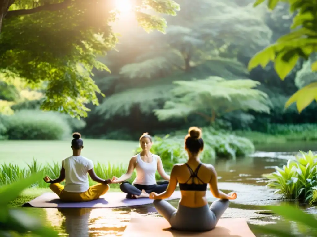 Grupo en armonía practicando yoga en un entorno natural, transmitiendo paz y conexión con la naturaleza