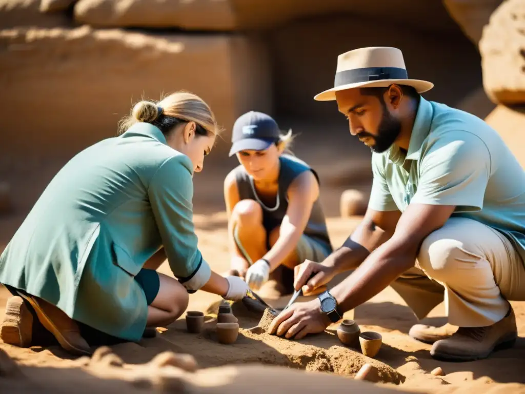 Un grupo de arqueólogos excavando con cuidado artefactos antiguos en un sitio ritual, preservación de rituales antiguos