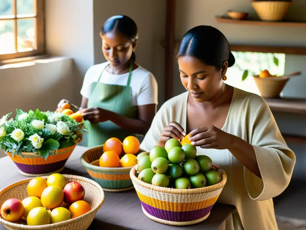 Un grupo de artesanos elaborando cestas tejidas a mano y arreglando con delicadeza flores y frutas frescas