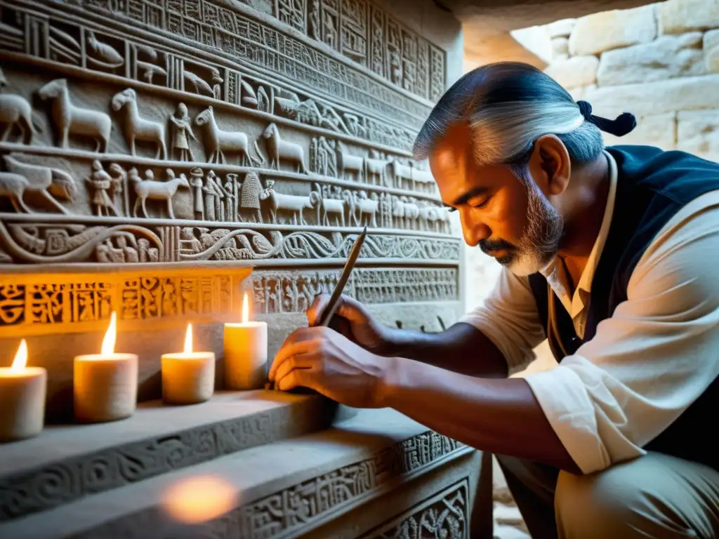 Un grupo de artesanos tallando símbolos en piedra en un ritual funerario, iluminados por velas