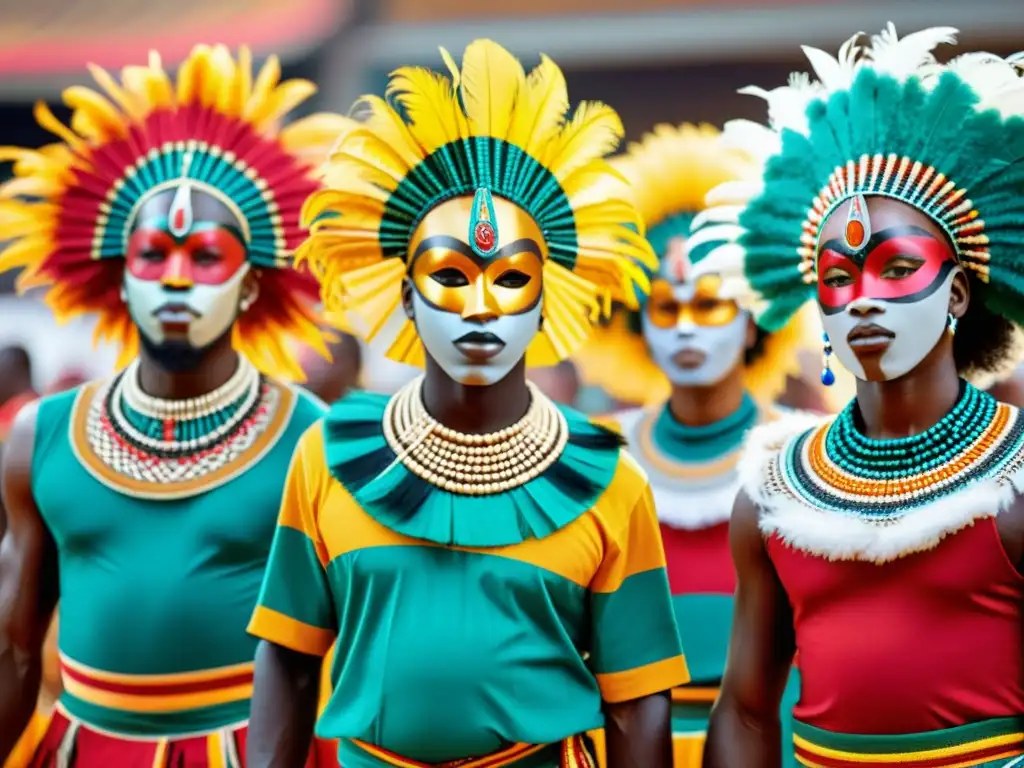 Grupo de artistas con máscaras y trajes tradicionales africanos realizando un enérgico y sincronizado baile en el paisaje africano al atardecer