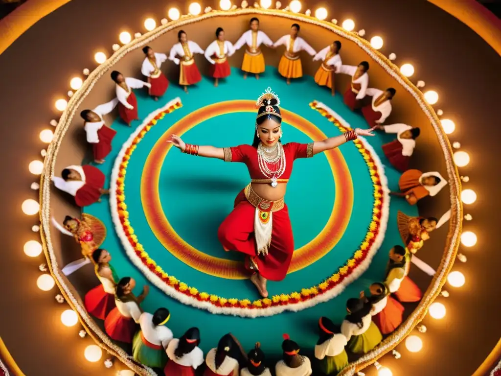 Grupo de artistas ejecutan un ritual de danza sagrada con vestimentas vibrantes y ornamentos ceremoniales