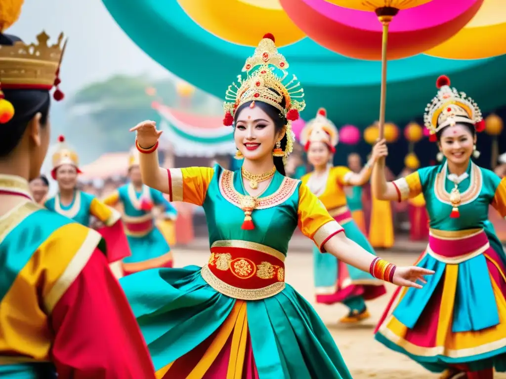 Grupo de artistas participando en rituales festivos alrededor del mundo en un festival tradicional de Asia, con trajes coloridos y música animada