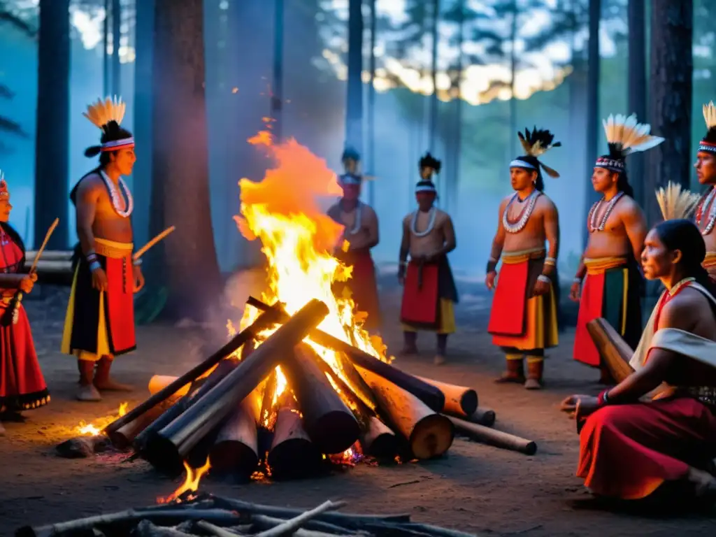 Grupo de artistas rituales indígenas danzando alrededor de fogata en el bosque