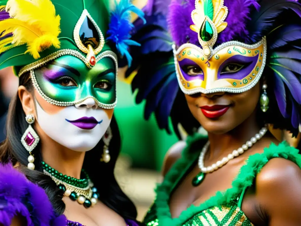 Un grupo de artistas con trajes de Mardi Gras y máscaras coloridas, sosteniendo accesorios tradicionales en Nueva Orleans