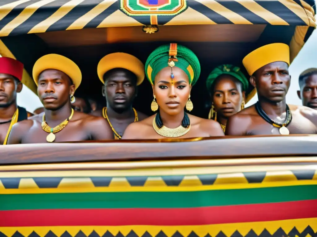 Grupo de Ashanti en ceremonia funeraria con atuendos tradicionales, kente vibrante y joyas de oro, rodeando un elaborado ataúd en paisaje exuberante al atardecer