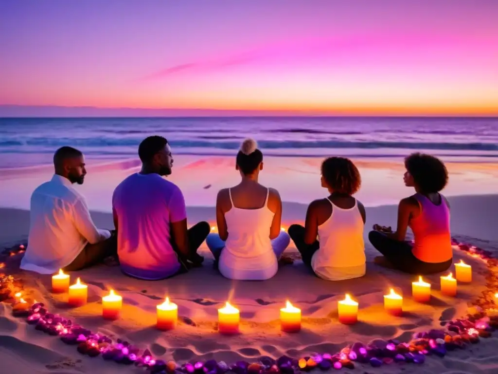 Grupo meditando al atardecer en la playa con velas y cristales