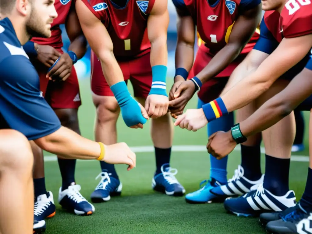 Un grupo de atletas en un ritual previo al juego, con supersticiones en rituales deportivos evidentes en sus expresiones y atuendos