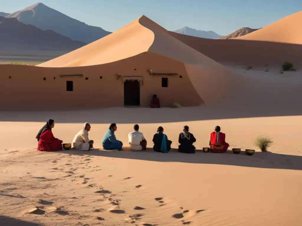 Un grupo en atuendos tradicionales se prepara para rituales de purificación en el desierto