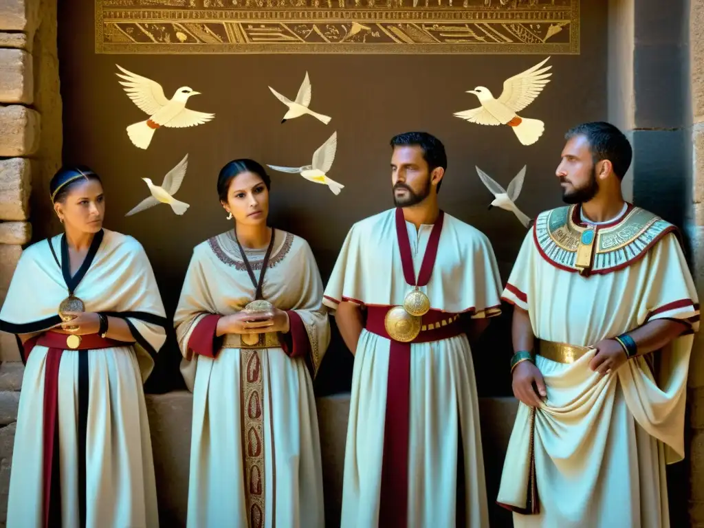 Un grupo de augures romanos viste túnicas tradicionales mientras observan aves para rituales de adivinación en Roma