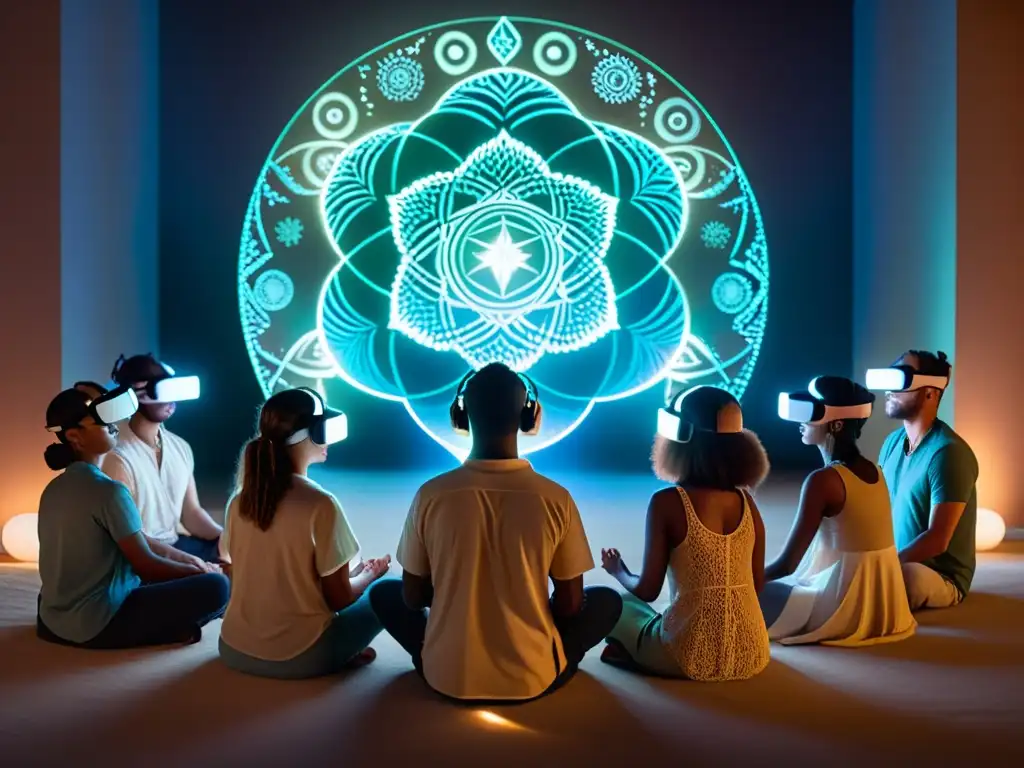 Un grupo en meditación con auriculares de realidad virtual, rodeado de proyecciones holográficas de la naturaleza y símbolos antiguos