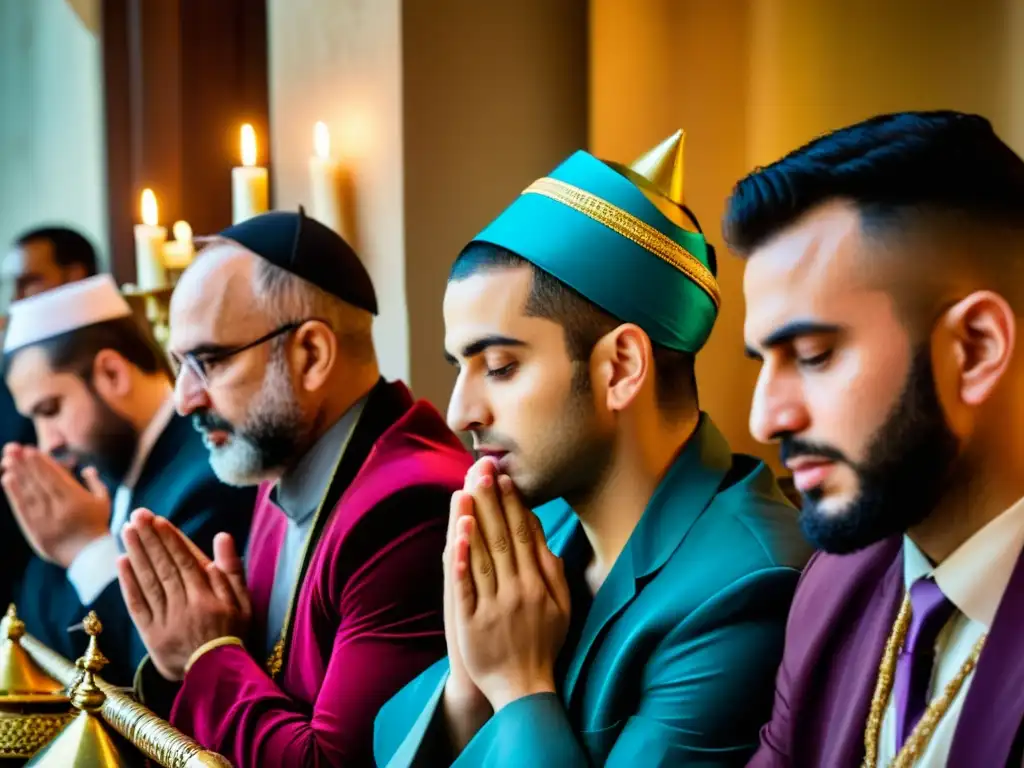 Grupo en ayuno de Purim, con cabezas inclinadas en oración y expresiones solemnes