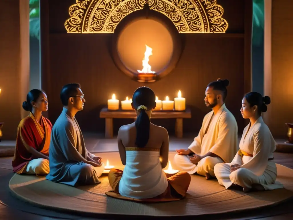 Un grupo en ayuno intermitente tradicional medita en un templo iluminado por velas, conectados en una atmósfera espiritual