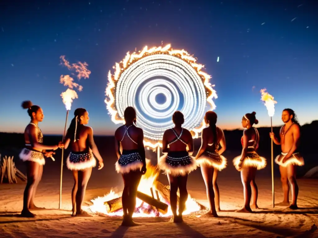 Grupo de bailarines aborígenes realizando el ritual del Corroboree alrededor de una fogata bajo un cielo estrellado