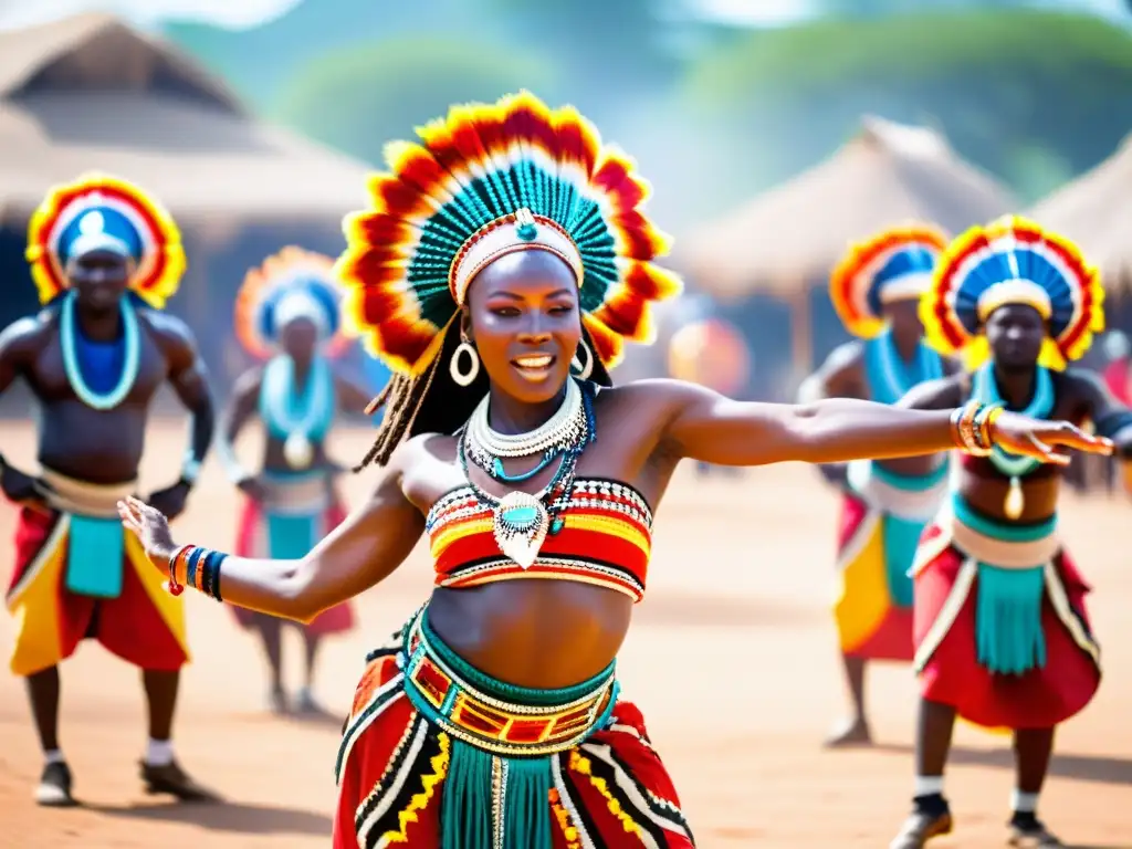 Grupo de bailarines africanos con vestuarios rituales danza colores africanas, creando una vibrante celebración en la plaza del pueblo