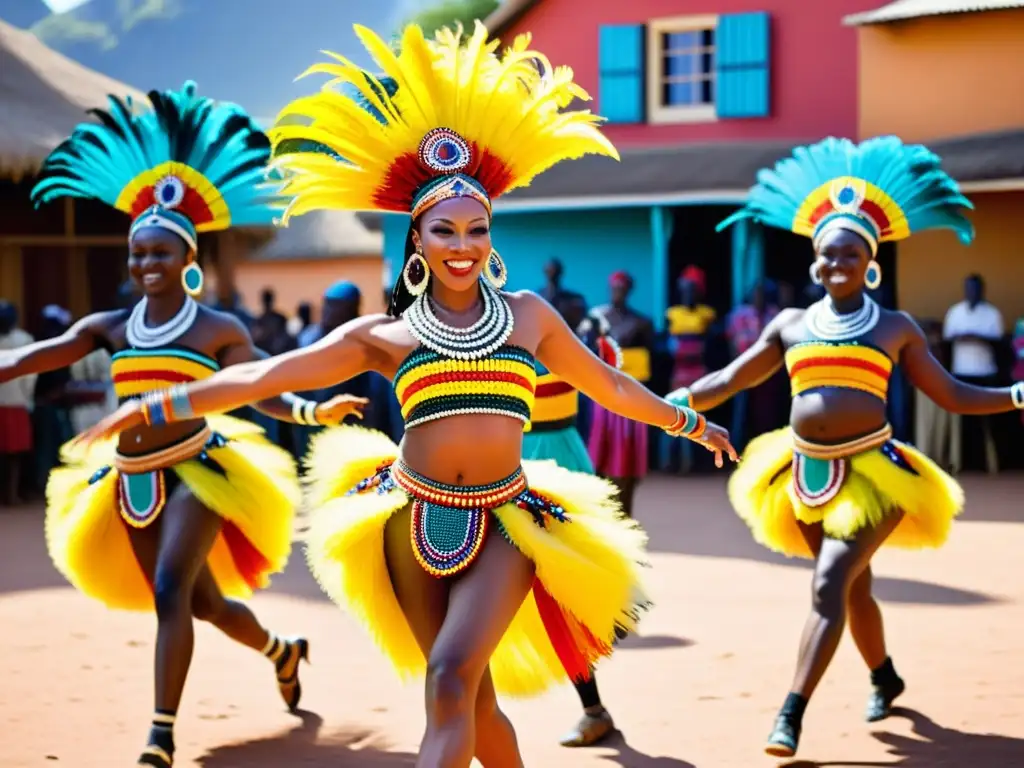 Grupo de bailarines africanos con vestuarios rituales danza colores vibrantes, danzando con energía en una plaza llena de espectadores y músicos