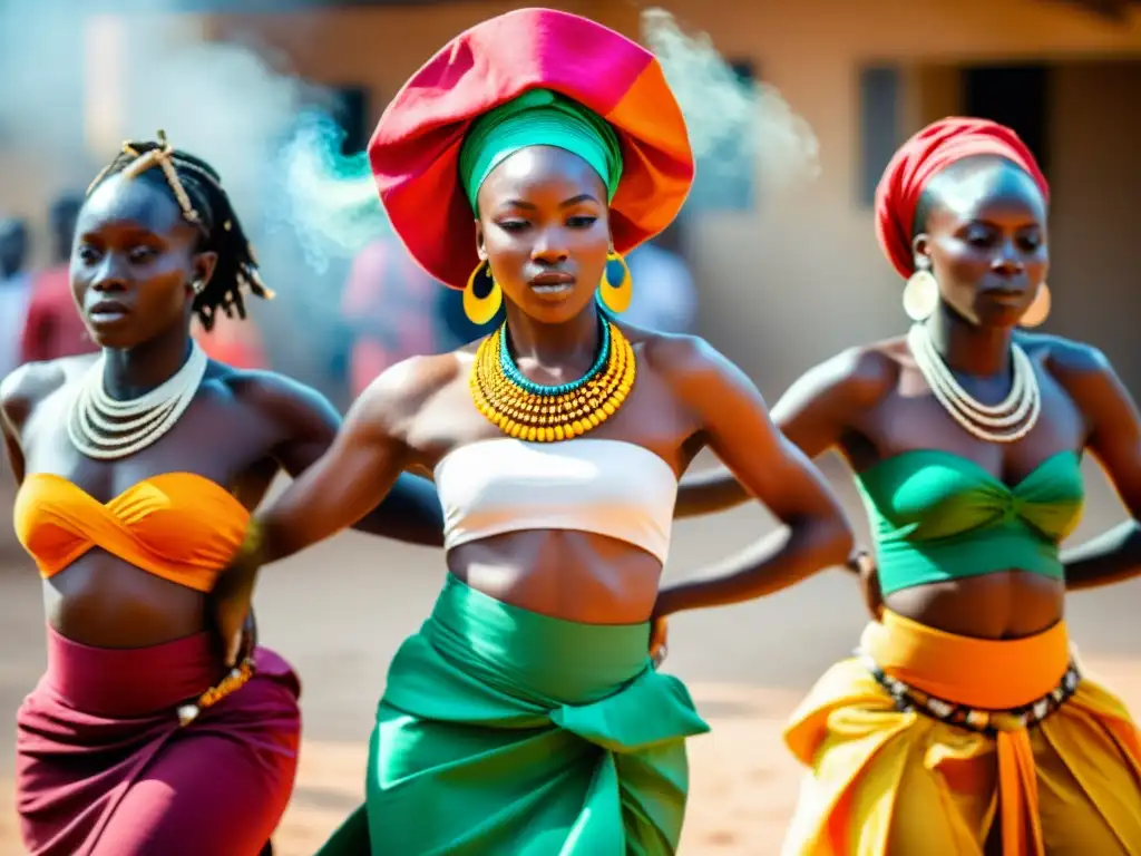 Grupo de bailarines africanos en vibrante ritual de posesión en África Occidental, con movimientos dinámicos y atuendos tradicionales