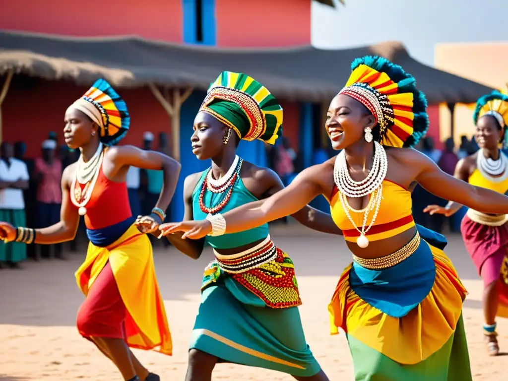 Grupo de bailarines africanos con vibrantes vestuarios rituales danza colores africanas, danzando en una plaza al atardecer