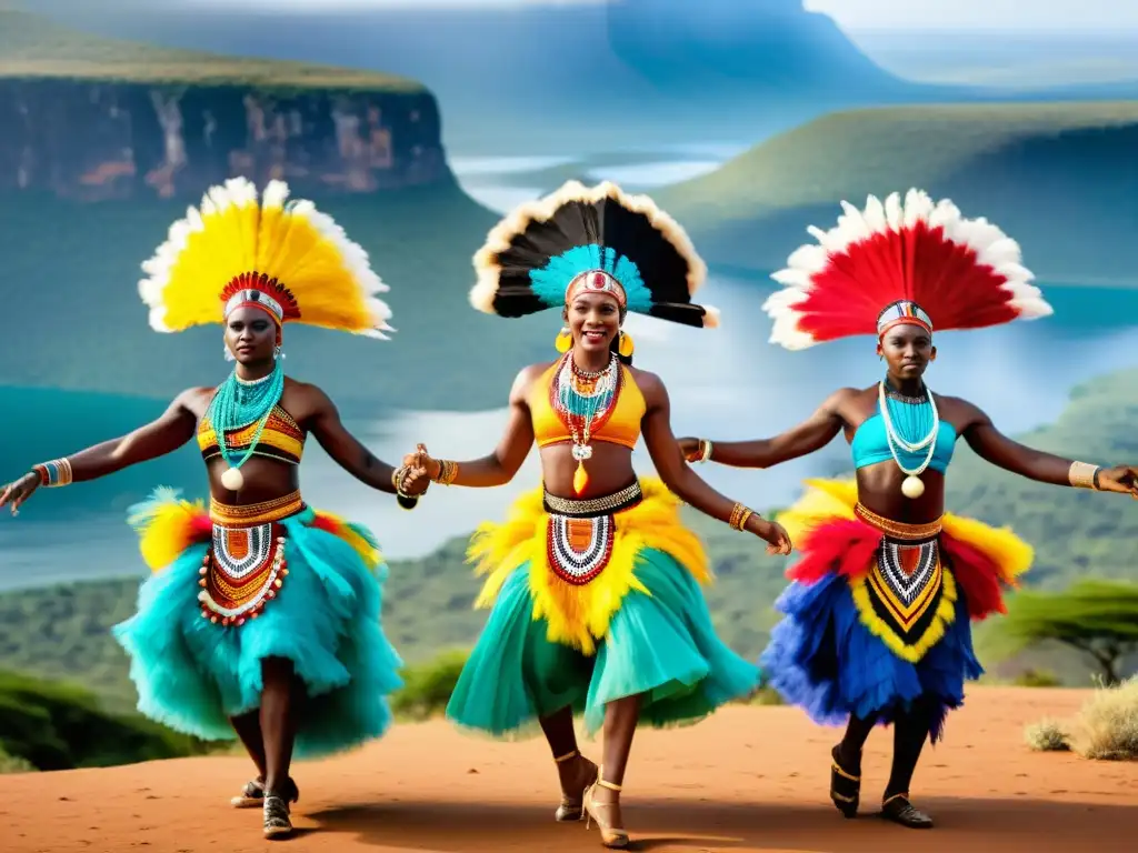 Un grupo de bailarines africanos con vibrantes vestuarios rituales danza colores africanas, realizando una energética danza en un paisaje africano