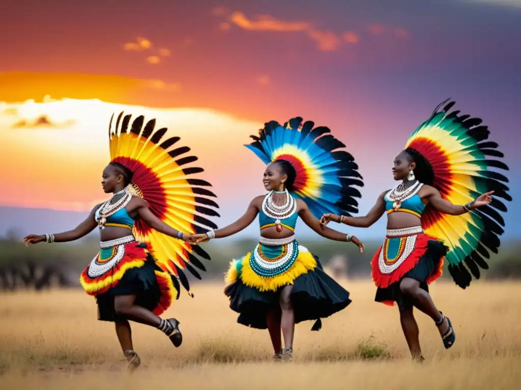 Grupo de bailarines africanos en vibrantes vestuarios rituales danza colores africanas, celebrando al atardecer en la sabana con movimiento y gracia