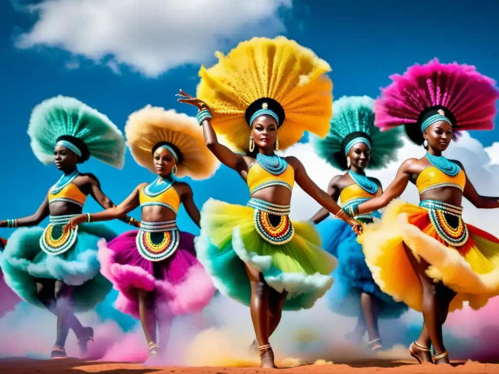 Grupo de bailarines africanos en vibrantes vestuarios rituales danza colores africanas, ejecutando una danza tradicional