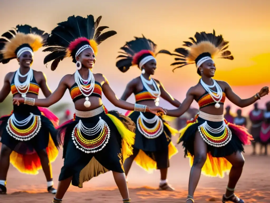 Grupo de bailarines africanos en vibrantes vestuarios rituales danza colores africanas, bailando al atardecer con energía y expresión