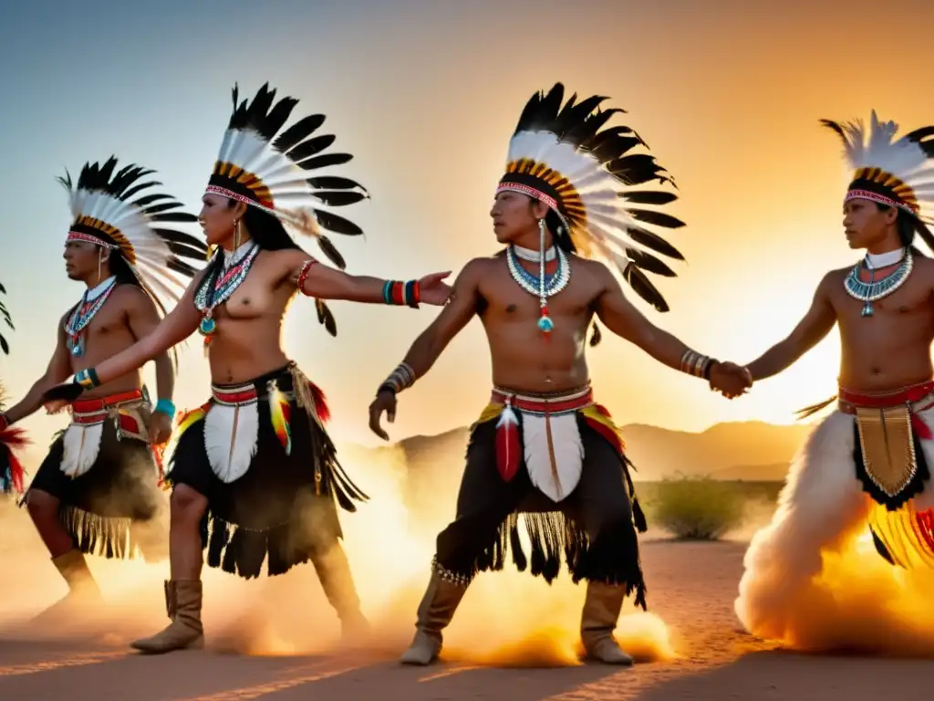 Un grupo de bailarines Apache realiza la Danza de la Gaita como rito al atardecer en el desierto, creando una atmósfera mágica y espiritual