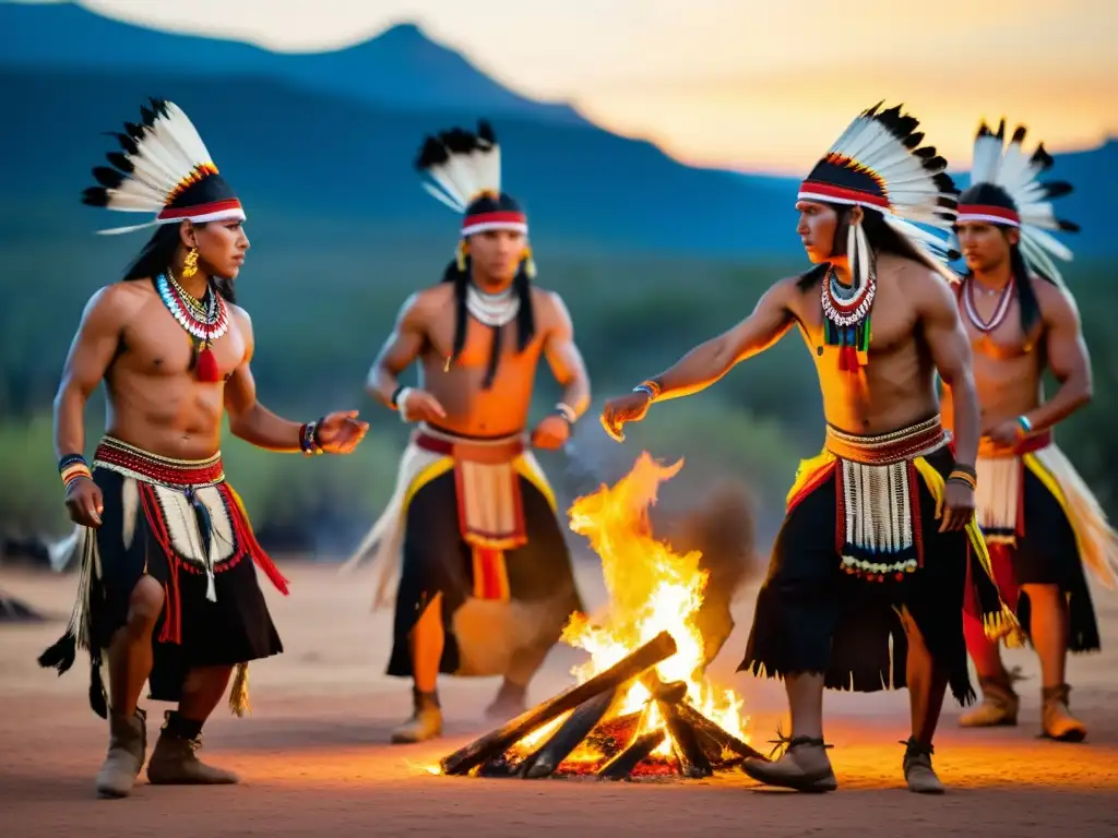 Grupo de bailarines Apache realizando la Danza de la Gaita como rito alrededor de una fogata, expresando su tradición ancestral con intensidad y color