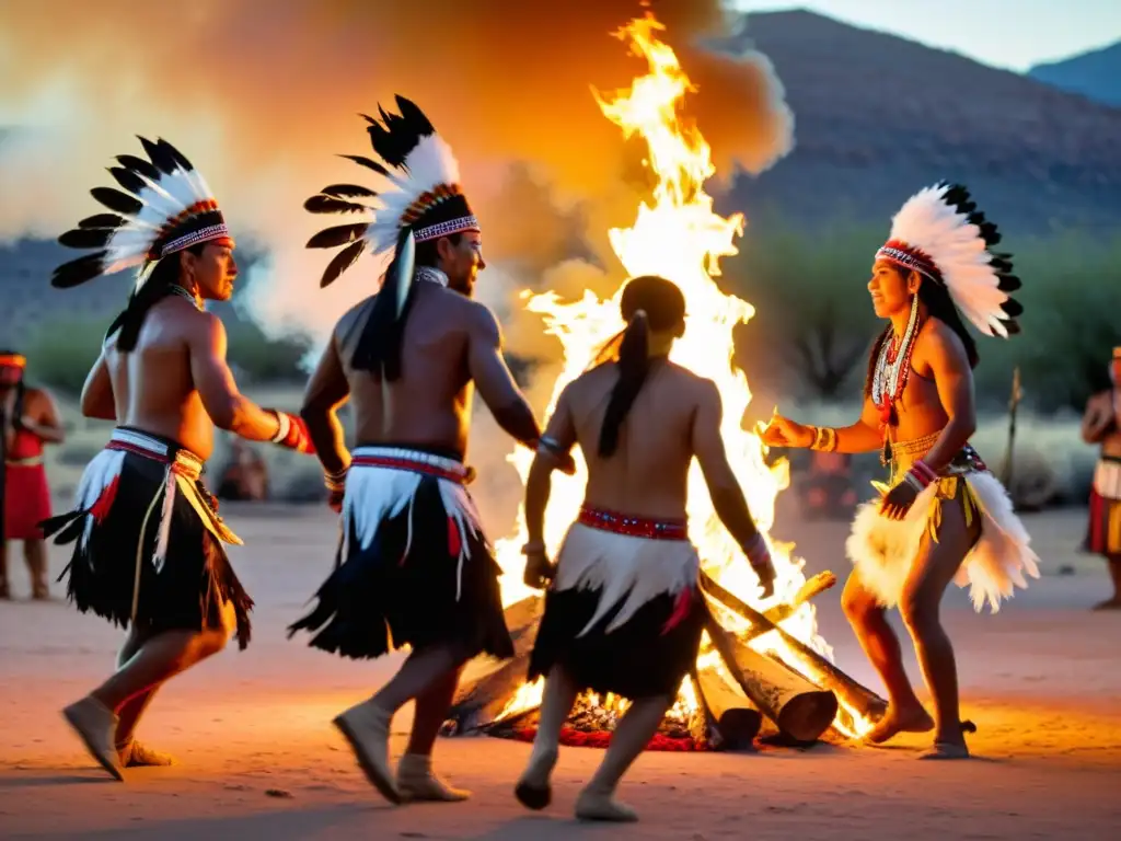 Grupo de bailarines Apache realizando un ritual de sanación alrededor de una fogata sagrada, con trajes y plumas vibrantes