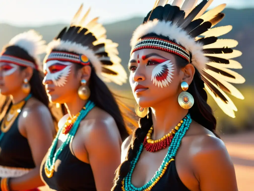 Grupo de bailarines Apache realizando rituales sagrados al atardecer, con vestimenta vibrante