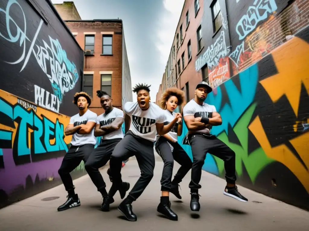 Grupo de bailarines de krump expresando intensamente en un callejón urbano, krumping como ritual de expresión y liberación