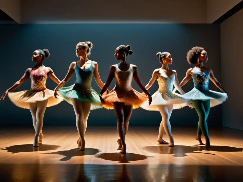 Grupo de bailarines contemporáneos en estudio iluminado con patrones de pintura, expresando rituales de danza y espiritualidad