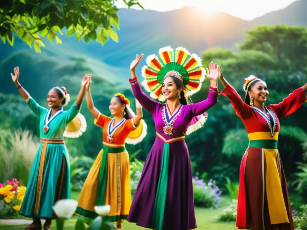 Un grupo de bailarines de diversas culturas celebran un ritual en un círculo, rodeados de naturaleza exuberante y flores vibrantes