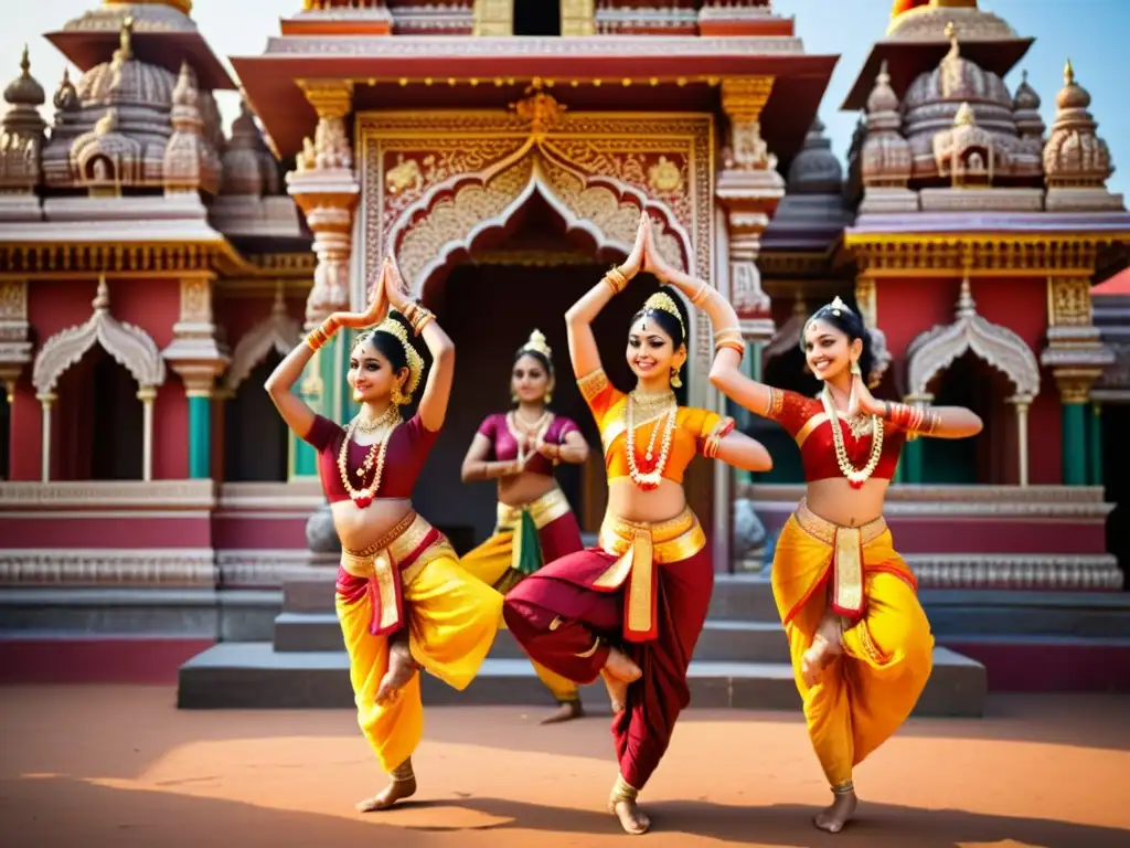 Grupo de bailarines hindúes realizando la danza Bharatanatyam en un templo hindú, con trajes vibrantes y expresiones devotas