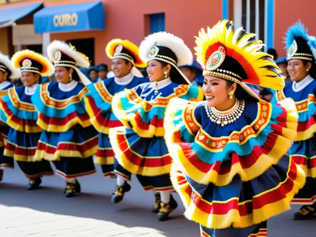 Grupo de bailarines energéticos y coloridos en el Carnaval de Oruro, demostrando el sincretismo en la danza Tobas y Tinkus