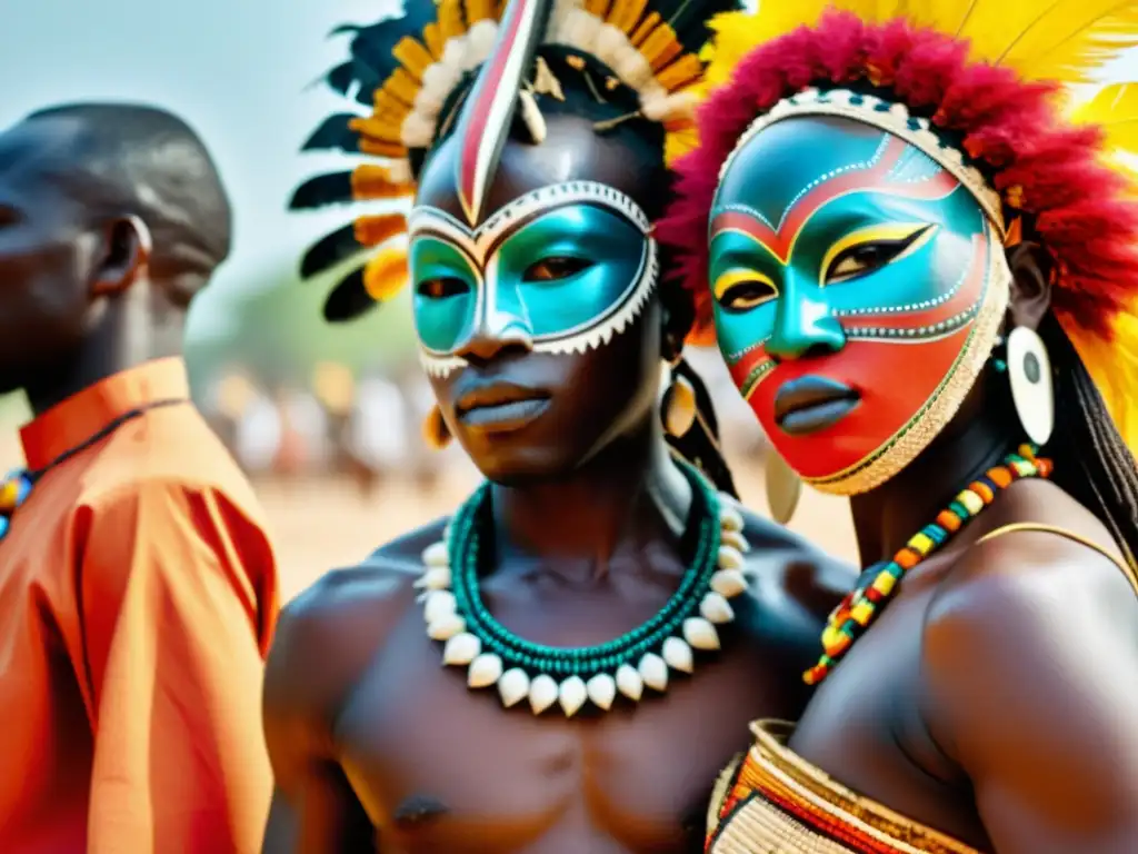 Grupo de bailarines enmascarados de África Occidental danzando en rituales ancestrales