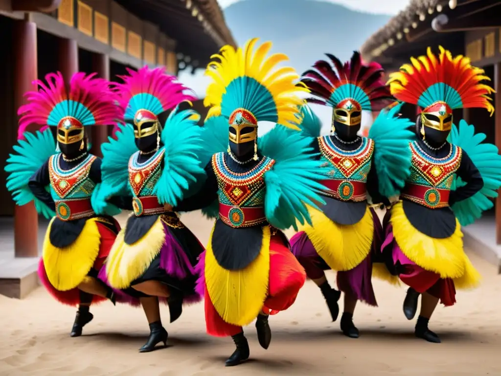 Grupo de bailarines enmascarados danzando en vibrantes trajes, emitiendo energía y tradición en rituales de máscaras en África Occidental