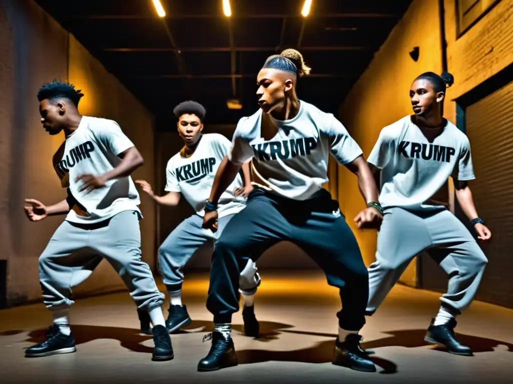 Grupo de bailarines de krump en escenario urbano, expresando intensidad y emoción a través del baile