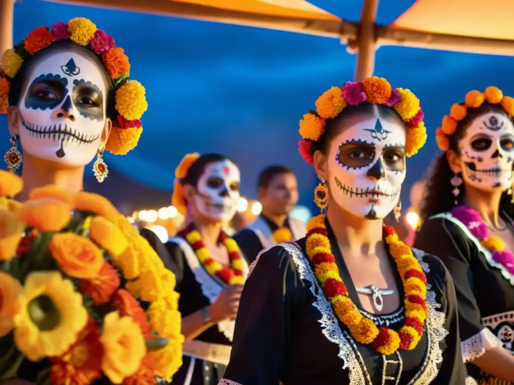 Grupo de bailarines en el Festival de los Muertos en México, rodeados de flores y papel picado, capturando la solemnidad y celebración del evento