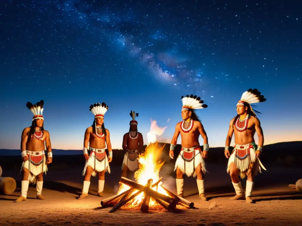 Grupo de bailarines Sioux danzando alrededor del fuego bajo el cielo estrellado, con expresiones de reverencia y sabiduría ancestral